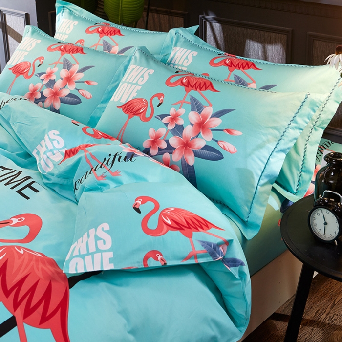 91家纺网 家纺一手货源 找家纺 雲归梦 活性大版全棉四件套床单款火鸟绿