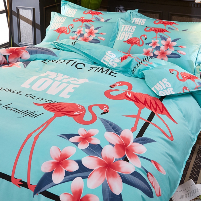 91家纺网 家纺一手货源 找家纺 雲归梦 活性大版全棉四件套床单款火鸟绿