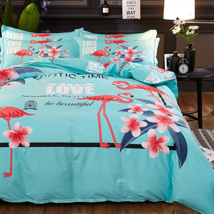 91家纺网 家纺一手货源 找家纺 雲归梦 活性大版全棉四件套床单款火鸟绿