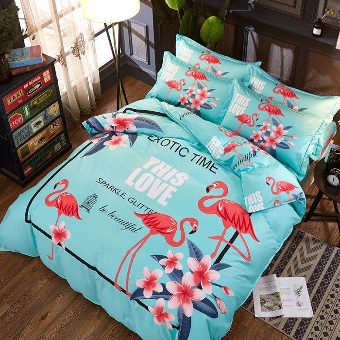 91家纺网 家纺一手货源 找家纺 雲归梦 活性大版全棉四件套床单款火鸟绿