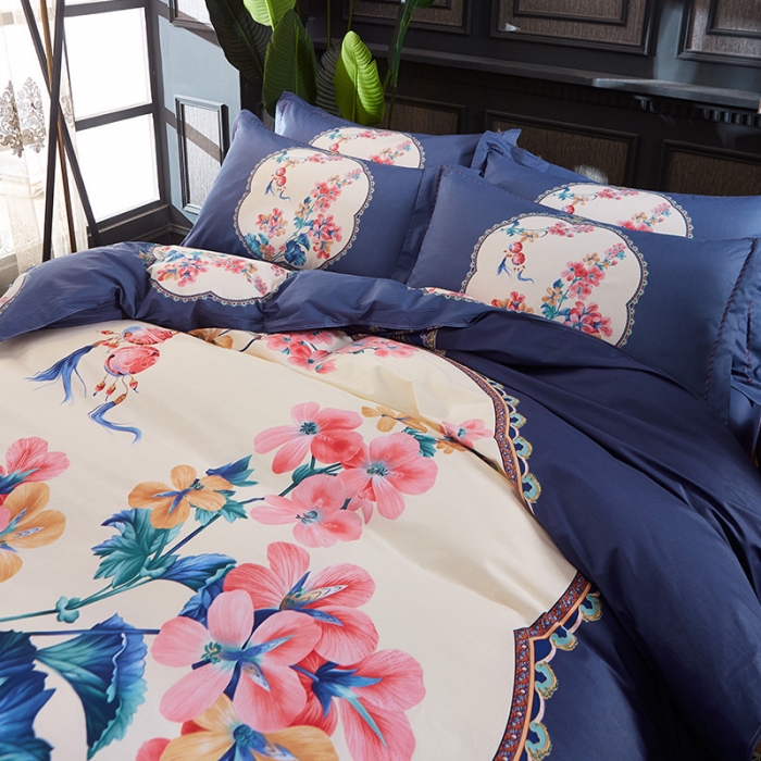 91家纺网 家纺一手货源 找家纺 雲归梦 活性大版全棉四件套床单款锁珠帘紫