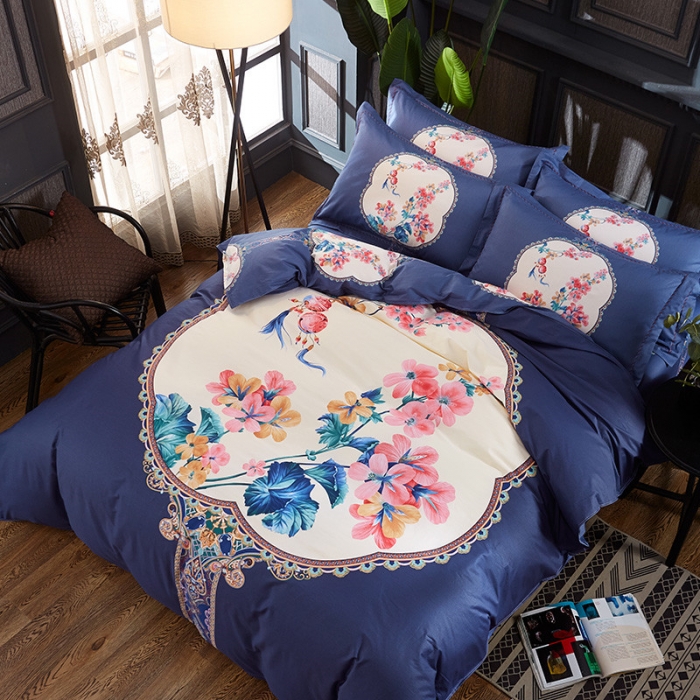 91家纺网 家纺一手货源 找家纺 雲归梦 活性大版全棉四件套床单款锁珠帘紫