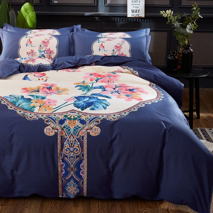 91家纺网 家纺一手货源 找家纺 雲归梦 活性大版全棉四件套床单款锁珠帘紫