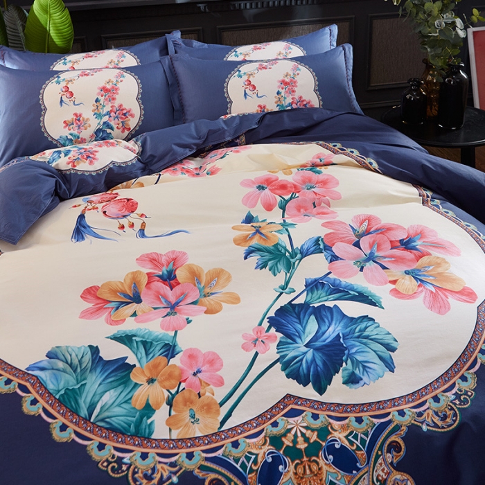 91家纺网 家纺一手货源 找家纺 雲归梦 活性大版全棉四件套床单款锁珠帘紫