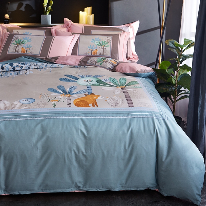 91家纺网 家纺一手货源 找家纺 雲归梦 2019全棉活性大版简约卡通风格四件套 森系萌宠