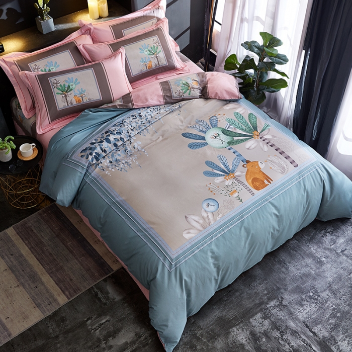 91家纺网 家纺一手货源 找家纺 雲归梦 2019全棉活性大版简约卡通风格四件套 森系萌宠