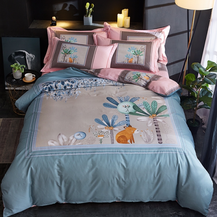 91家纺网 家纺一手货源 找家纺 雲归梦 2019全棉活性大版简约卡通风格四件套 森系萌宠