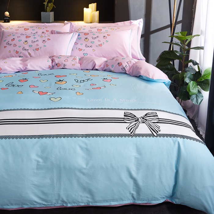 91家纺网 家纺一手货源 找家纺 雲归梦 2019全棉活性大版简约卡通风格四件套 心飞扬