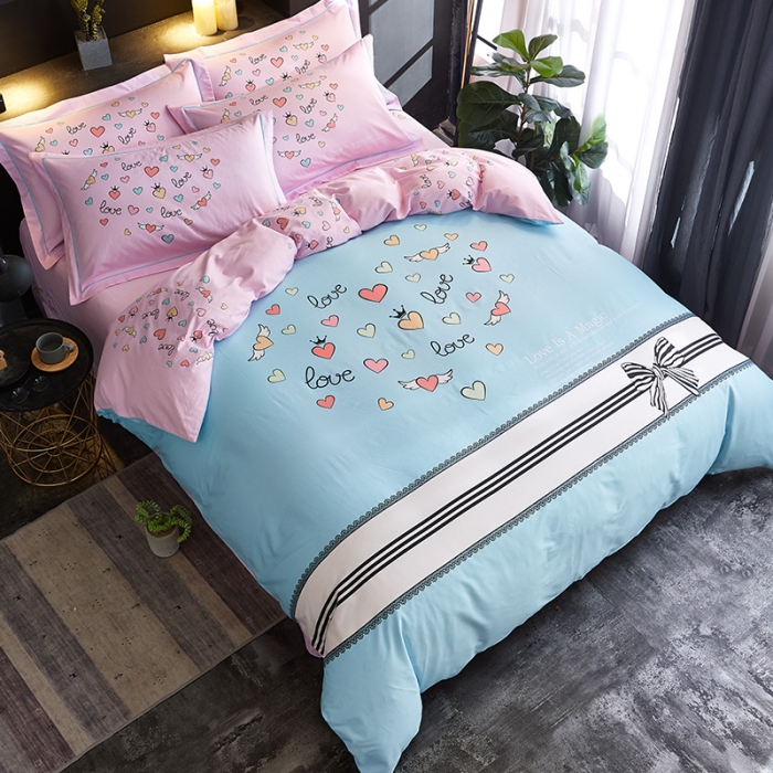 91家纺网 家纺一手货源 找家纺 雲归梦 2019全棉活性大版简约卡通风格四件套 心飞扬