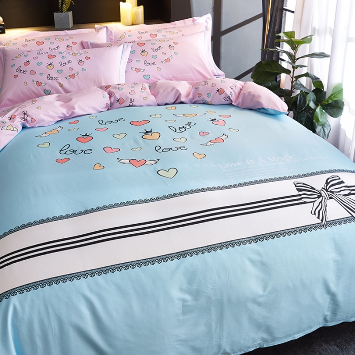 91家纺网 家纺一手货源 找家纺 雲归梦 2019全棉活性大版简约卡通风格四件套 心飞扬