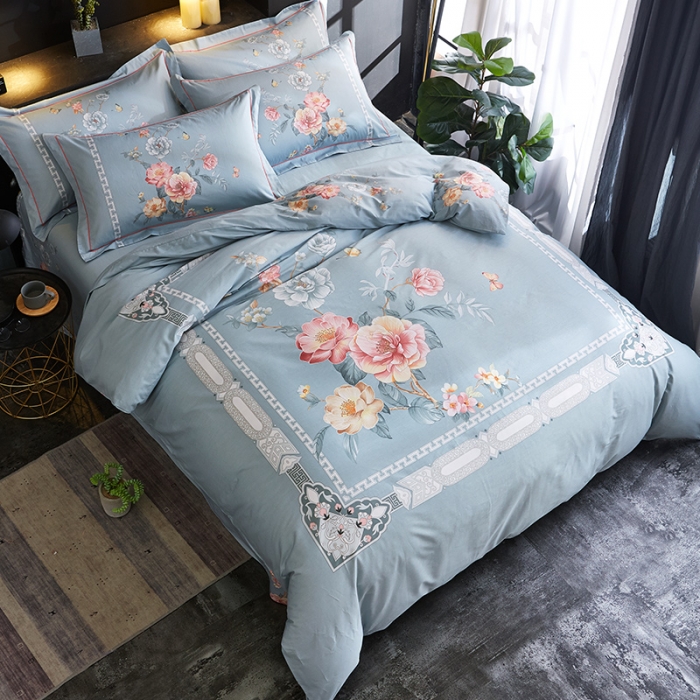 91家纺网 家纺一手货源 找家纺 雲归梦 2019全棉活性大版中国风花卉四件套 春意浓浓