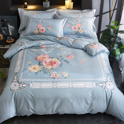 91家纺网 家纺一手货源 找家纺 雲归梦 2019全棉活性大版中国风花卉四件套 春意浓浓