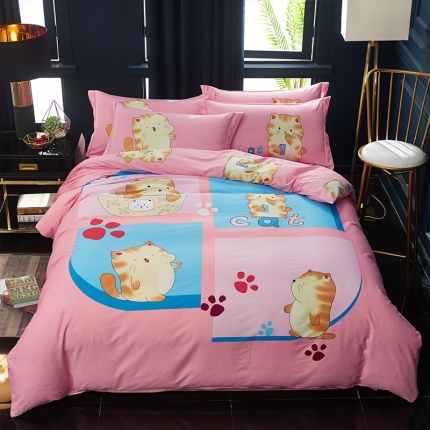 91家纺网 家纺一手货源 找家纺 雲归梦 2019全棉活性大版简约卡通风格四件套 小萌宠粉