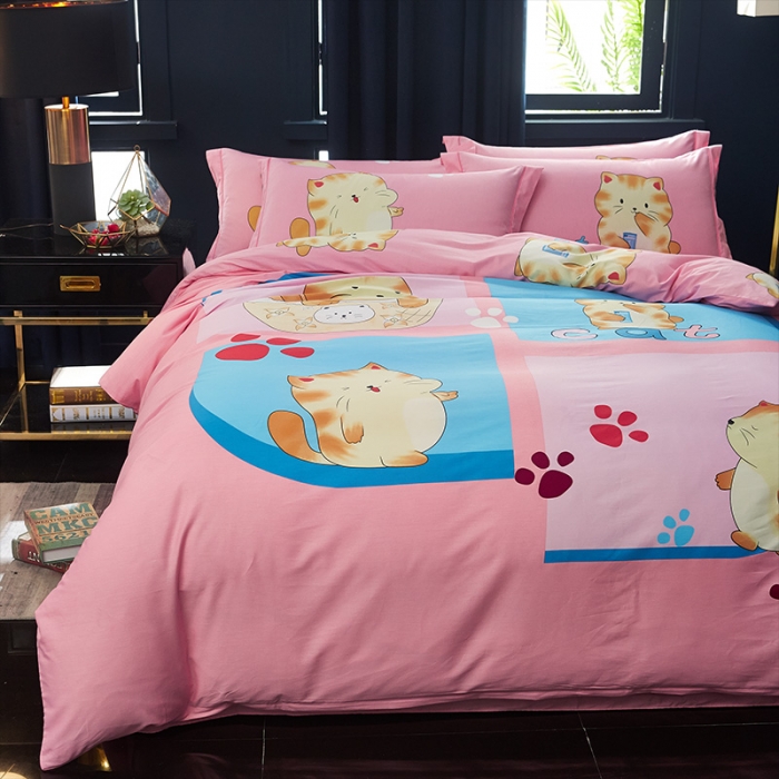 91家纺网 家纺一手货源 找家纺 雲归梦 2019全棉活性大版简约卡通风格四件套 小萌宠粉