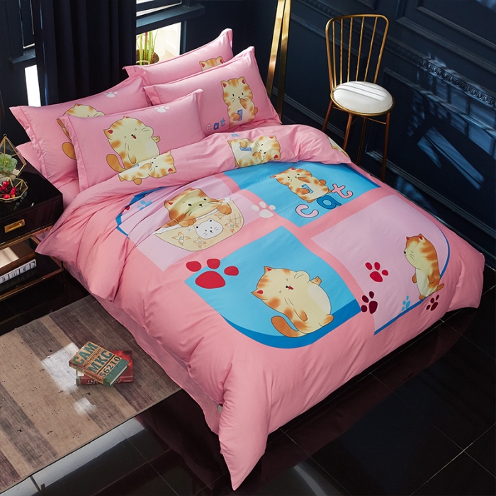 91家纺网 家纺一手货源 找家纺 雲归梦 2019全棉活性大版简约卡通风格四件套 小萌宠粉