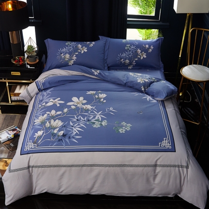 91家纺网 家纺一手货源 找家纺 雲归梦 2019全棉活性大版中国风花卉四件套 青青子衿