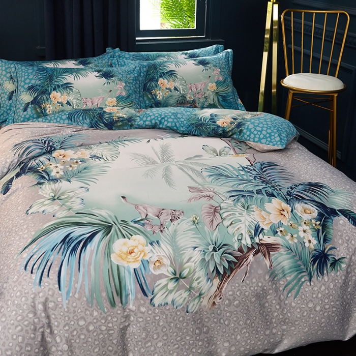 91家纺网 家纺一手货源 找家纺 雲归梦 2019全棉活性大版中国风花卉四件套 丛林之旅