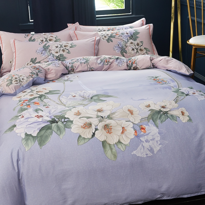 91家纺网 家纺一手货源 找家纺 雲归梦 2019全棉活性大版中国风花卉四件套 倾冉紫