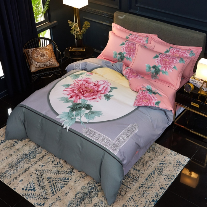 91家纺网 家纺一手货源 找家纺 雲归梦家纺2019新款13372全棉活性大版四件套简静花香绿