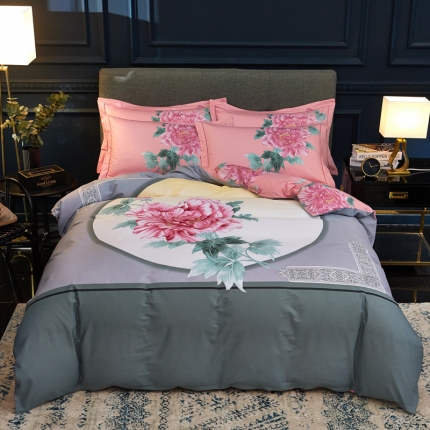 雲归梦家纺2019新款13372全棉活性大版四件套简静花香绿