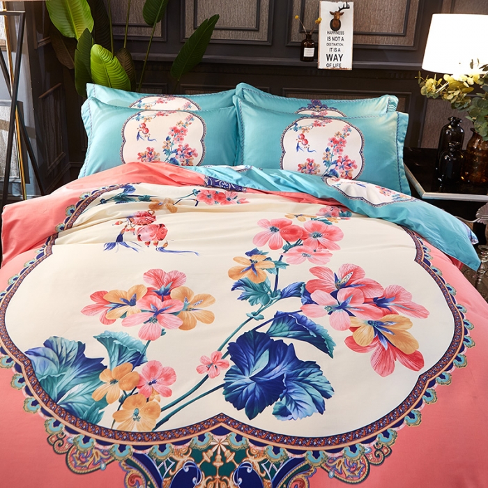 91家纺网 家纺一手货源 找家纺 雲归梦家纺2019新款13372全棉活性大版四件套 锁珠帘粉