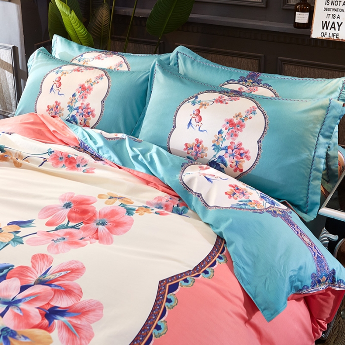 91家纺网 家纺一手货源 找家纺 雲归梦家纺2019新款13372全棉活性大版四件套 锁珠帘粉