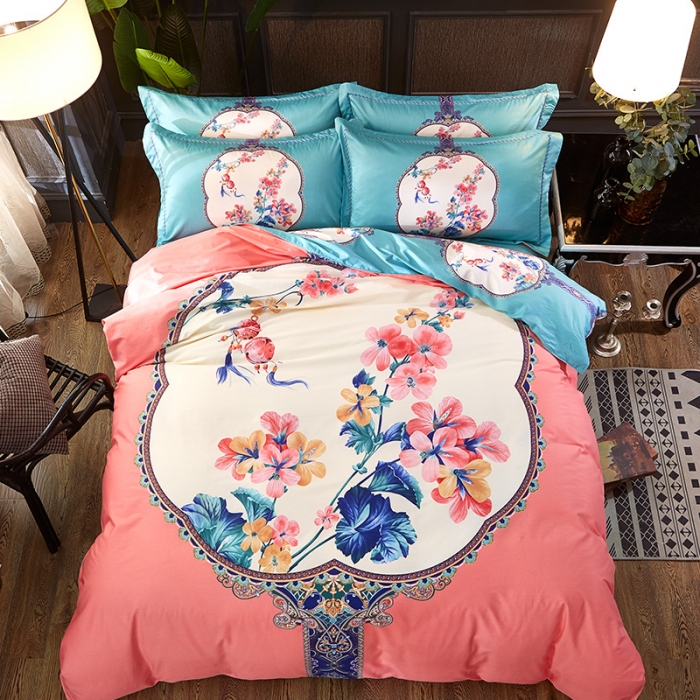 91家纺网 家纺一手货源 找家纺 雲归梦家纺2019新款13372全棉活性大版四件套 锁珠帘粉