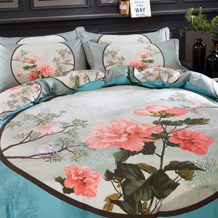 91家纺网 家纺一手货源 找家纺 雲归梦家纺2019新款13372全棉活性大版四件套镜里观花兰