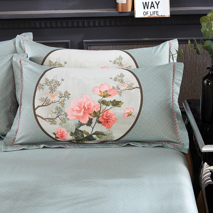 91家纺网 家纺一手货源 找家纺 雲归梦家纺2019新款13372全棉活性大版四件套镜里观花兰