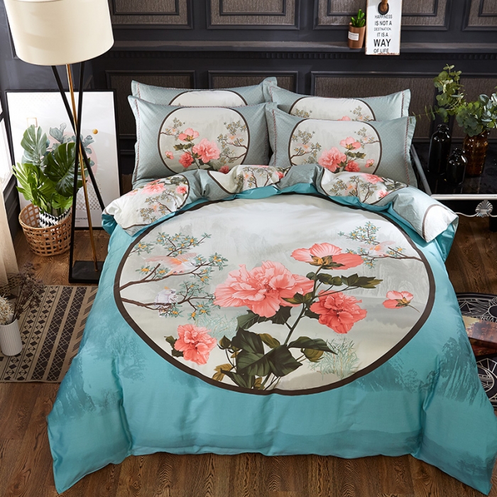 91家纺网 家纺一手货源 找家纺 雲归梦家纺2019新款13372全棉活性大版四件套镜里观花兰