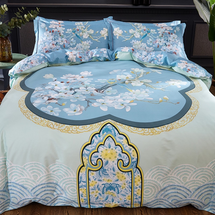 91家纺网 家纺一手货源 找家纺 雲归梦家纺2019新款13372全棉活性大版四件套 喜上眉梢