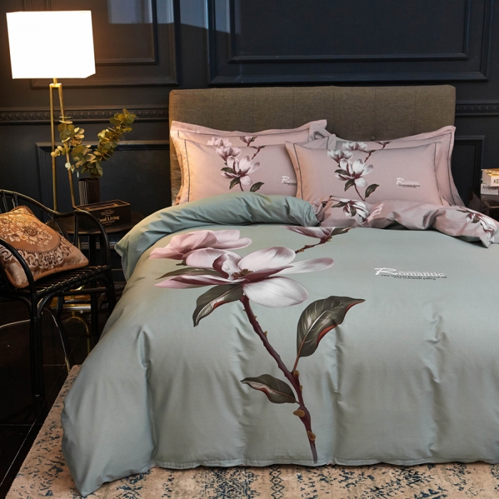 91家纺网 家纺一手货源 找家纺 雲归梦家纺2019新款13372全棉活性大版四件套 幽兰水绿