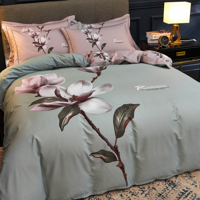 91家纺网 家纺一手货源 找家纺 雲归梦家纺2019新款13372全棉活性大版四件套 幽兰水绿