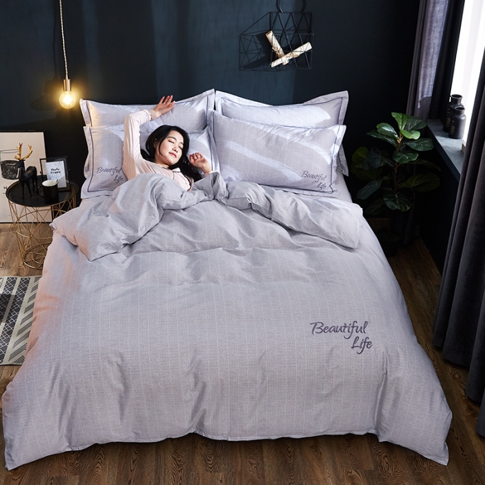 91家纺网 家纺一手货源 找家纺 雲归梦 北欧简约全棉绣花四件套 圣托里尼-白灰