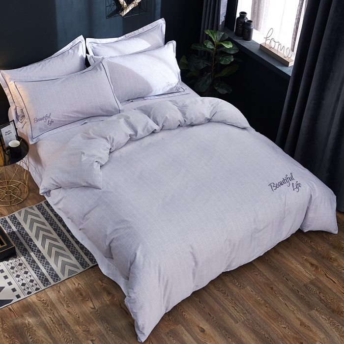 91家纺网 家纺一手货源 找家纺 雲归梦 北欧简约全棉绣花四件套 圣托里尼-白灰