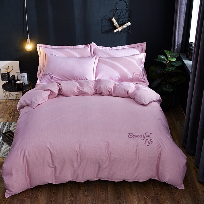 91家纺网 家纺一手货源 找家纺 雲归梦 北欧简约全棉绣花四件套 圣托里尼-粉紫