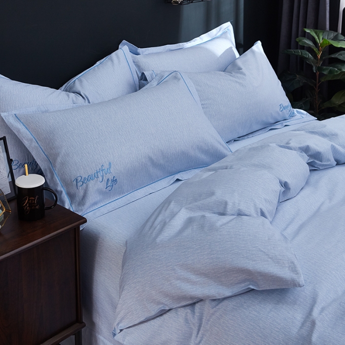 91家纺网 家纺一手货源 找家纺 雲归梦 北欧简约全棉绣花四件套 圣托里尼-海蓝