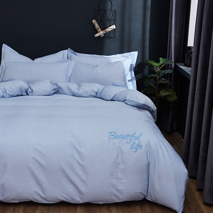 91家纺网 家纺一手货源 找家纺 雲归梦 北欧简约全棉绣花四件套 圣托里尼-海蓝