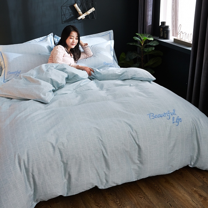 91家纺网 家纺一手货源 找家纺 雲归梦 北欧简约全棉绣花四件套 圣托里尼-嫩绿