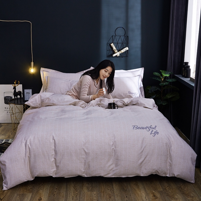 91家纺网 家纺一手货源 找家纺 雲归梦 北欧简约全棉绣花四件套 圣托里尼-浅米黄