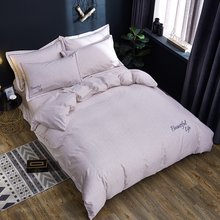 91家纺网 家纺一手货源 找家纺 雲归梦 北欧简约全棉绣花四件套 圣托里尼-浅米黄