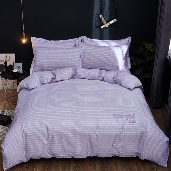 91家纺网 家纺一手货源 找家纺 雲归梦 北欧简约全棉绣花四件套 圣托里尼-条纹紫