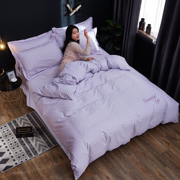 91家纺网 家纺一手货源 找家纺 雲归梦 北欧简约全棉绣花四件套 圣托里尼-条纹紫