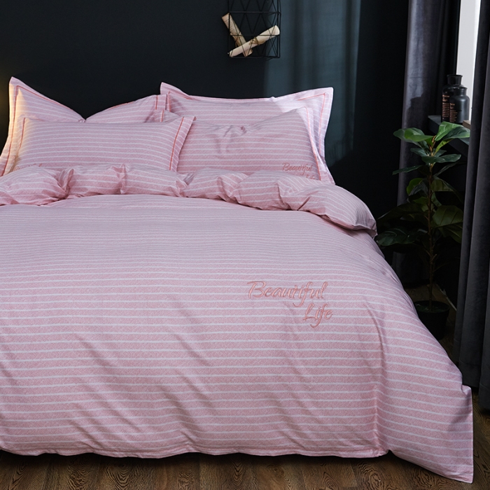 91家纺网 家纺一手货源 找家纺 雲归梦 北欧简约全棉绣花四件套 圣托里尼-粉玉