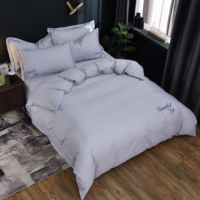 91家纺网 家纺一手货源 找家纺 雲归梦 北欧简约全棉绣花四件套 圣托里尼-米灰