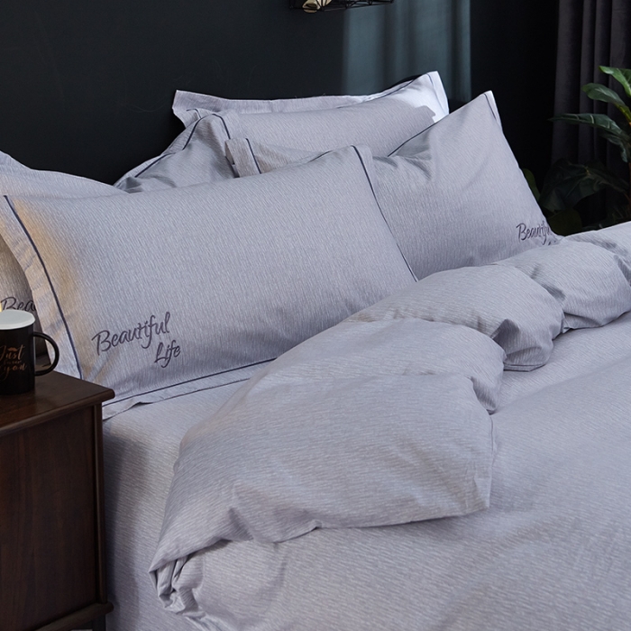 91家纺网 家纺一手货源 找家纺 雲归梦 北欧简约全棉绣花四件套 圣托里尼-米灰