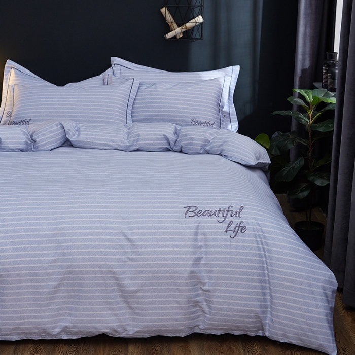 91家纺网 家纺一手货源 找家纺 雲归梦 北欧简约全棉绣花四件套 圣托里尼-青蓝