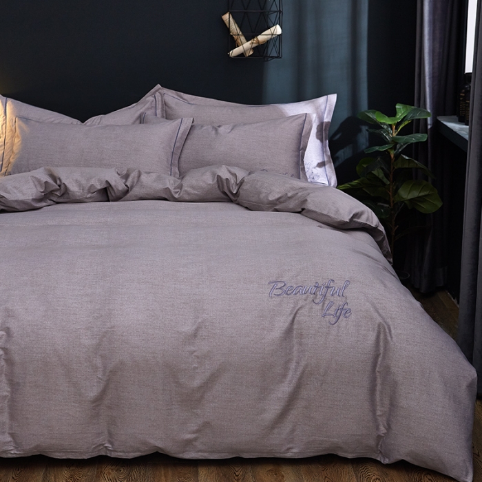 91家纺网 家纺一手货源 找家纺 雲归梦 北欧简约全棉绣花四件套 圣托里尼-深灰