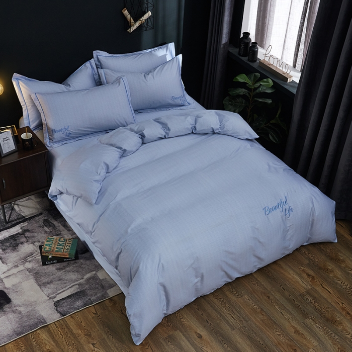 91家纺网 家纺一手货源 找家纺 雲归梦 北欧简约全棉绣花四件套 圣托里尼-水蓝