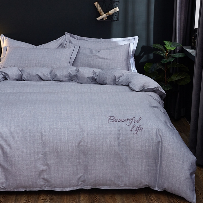 91家纺网 家纺一手货源 找家纺 雲归梦 北欧简约全棉绣花四件套 圣托里尼-太空灰